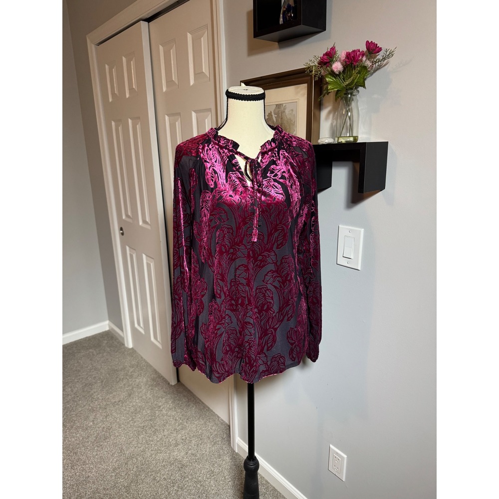 New Cato Purple/Black Whimsygoth Witchy Vampy Burnout Velvet Ruffle Neck Top  M